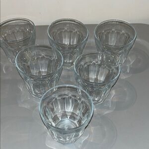 Set of 6 juice clear ribbed glasses. Good condition.